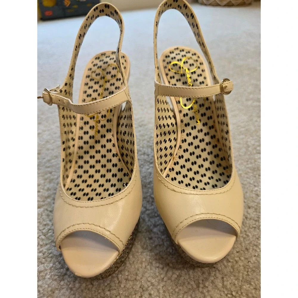 Jessica Simpson Eddy Cream Leather Platform Peep Toe Slingback Pumps JS-ED 7.5B